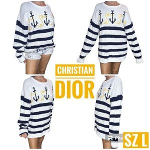 Vintage Christian Dior white w/blue Breton stripes, anchors, sweater Sz L unisex